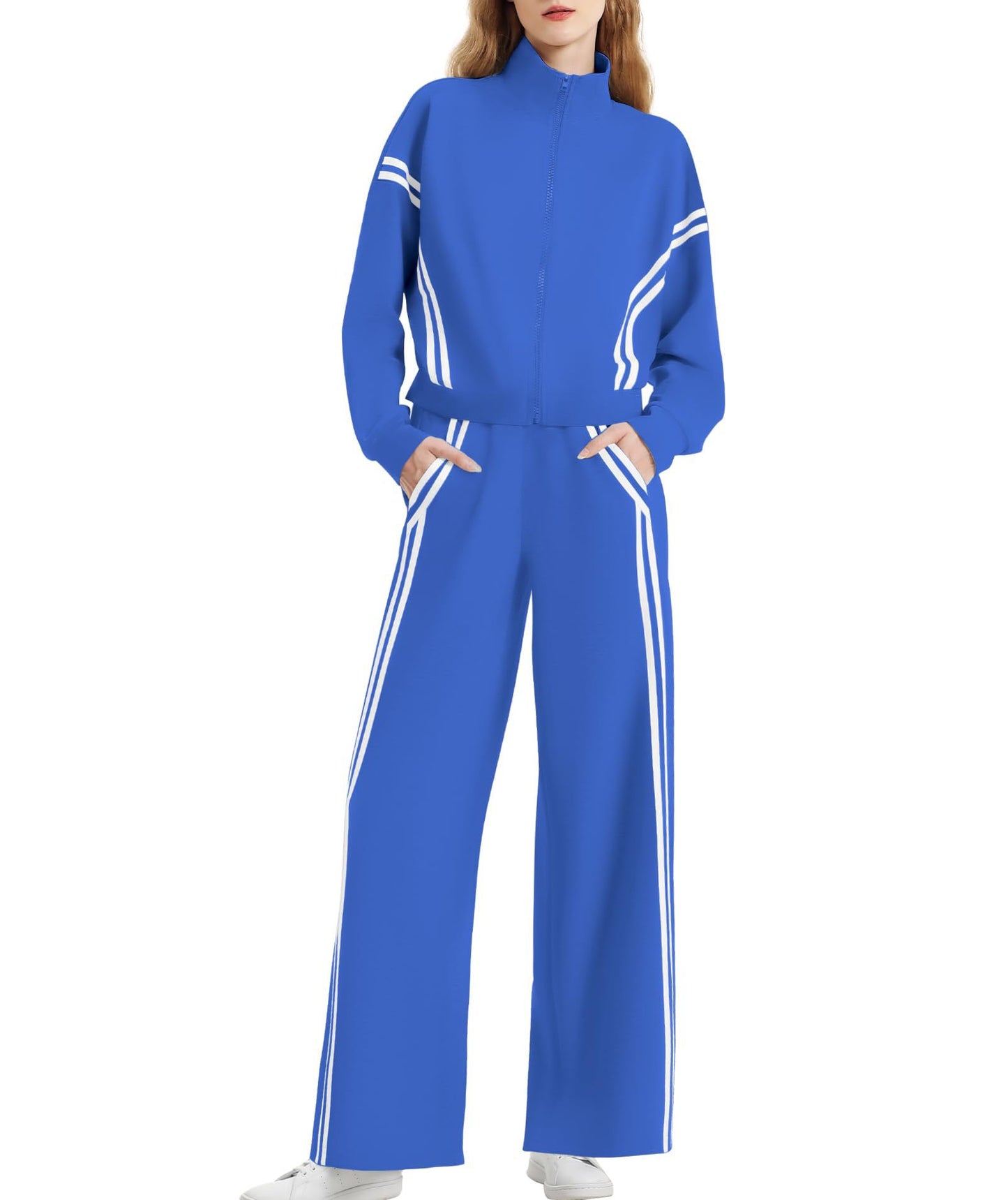 Double Striped Long-sleeve Zipper Pants Pocket Sports Suit