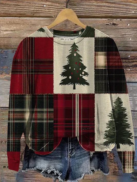 Halsudskæring, juleprint, sweatshirt til damer