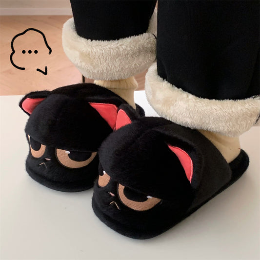 Cute Couple Angry Little Black Cat Fur Men And Women Thermal Cotton Slippers