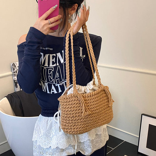 Woven Large Capacity Casual Special-interest Design Personalized Beach Shoulder Bucket Bag