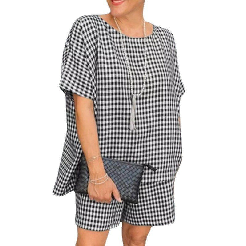 Casual Check Crew Neck Short Sleeve Shorts