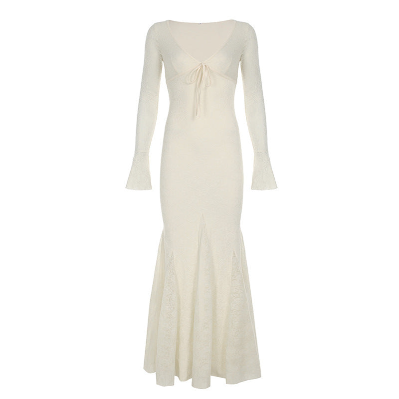 French-style Ethereal Jacquard Lace V-Neck Dress With Ties