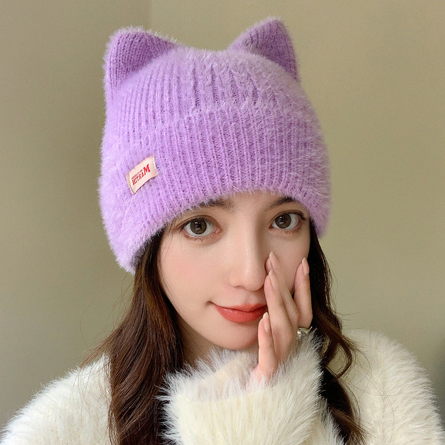 Winter Mink Cat Ears Plush Girl's Cap Warm Ear Protection Knitted Hat