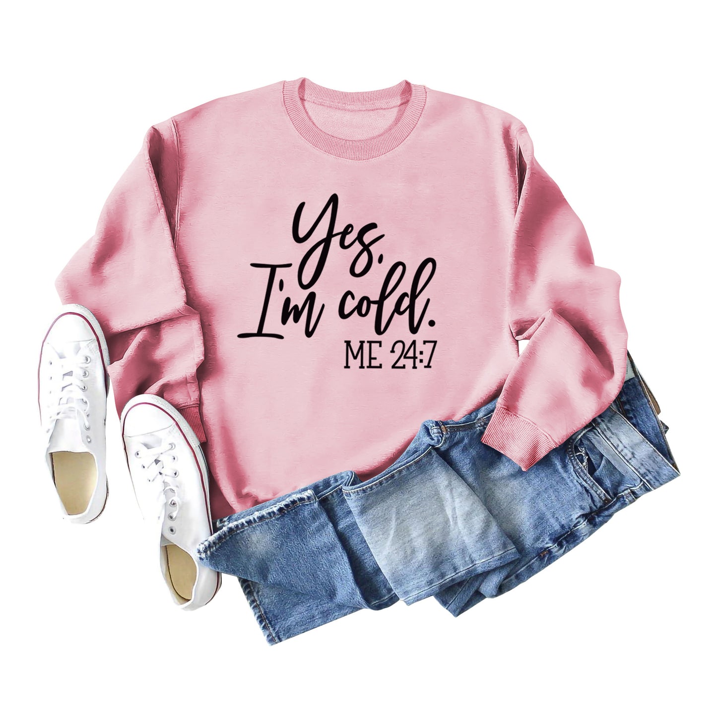 Loose Casual Letter Print Sweatshirt Yes' I M Cold New Round