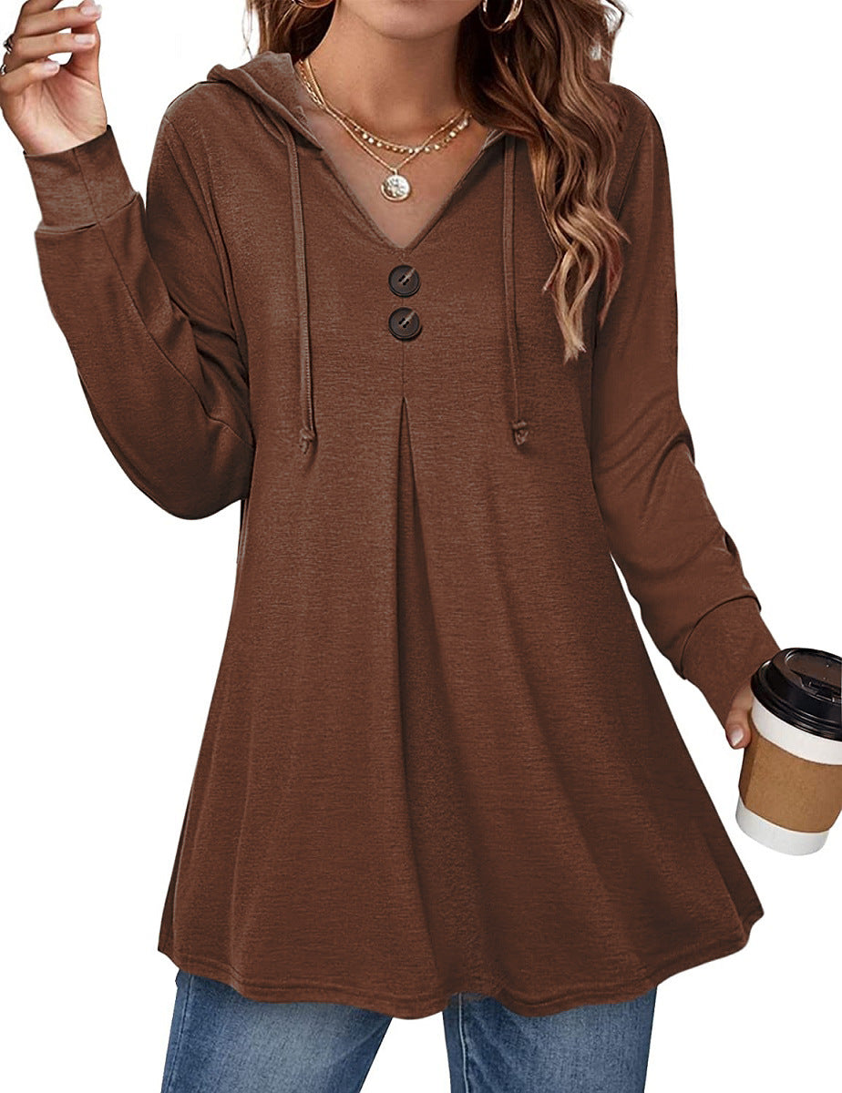 Casual Button V-neck Long Sleeve Hooded Top Sweaters Women's Clothing