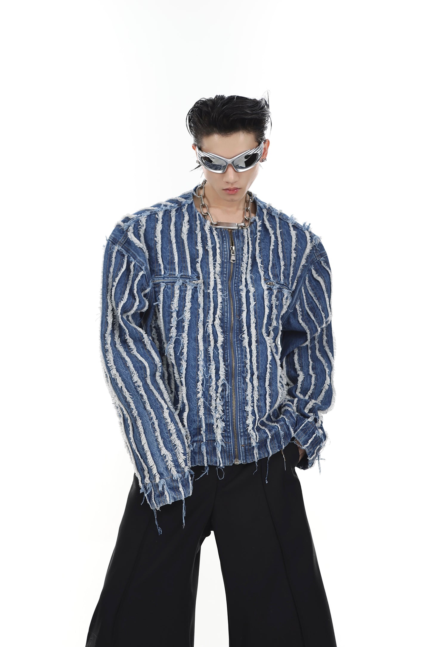 Three-dimensional Striped Tassel Denim Jacket Collarless Jacket Washed Top