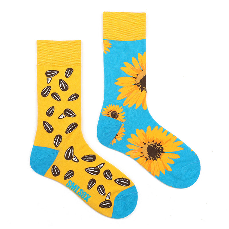 Asymmetrical Color Retro Personality Male And Female Couple Mid-length Cotton Socks