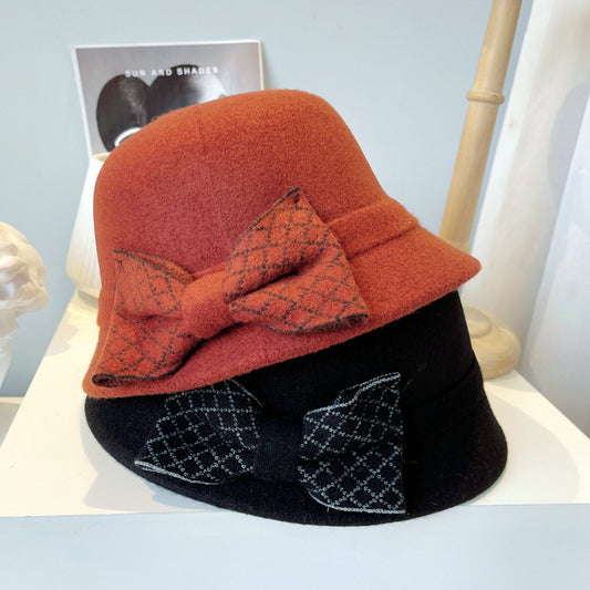 Women's Fashion Literature Bow Knot Solid Color Knitting Basin Hat