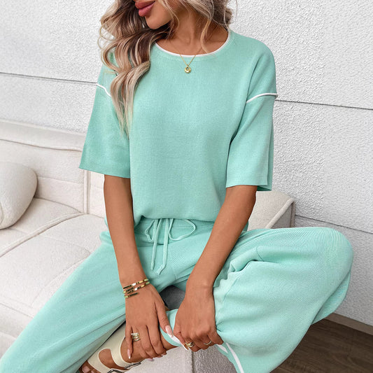 Womens Casual Ice Silk Sweater Short Sleeve Leisure Set