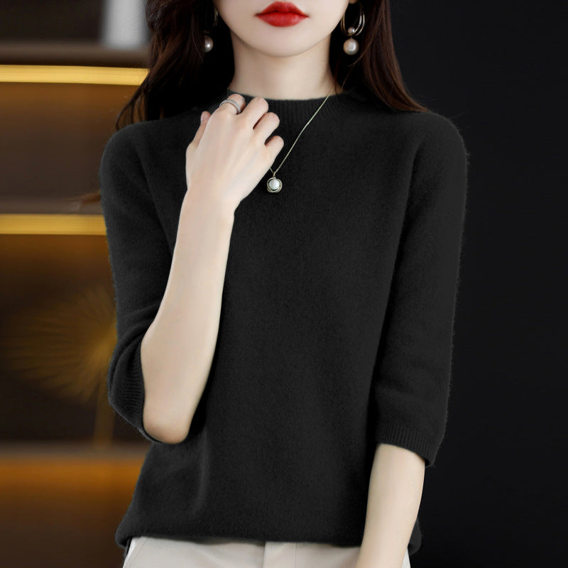Pure Wool Women's Half Turtleneck Short Pullover Base Knitwear Three-quarter Sleeve Sweater