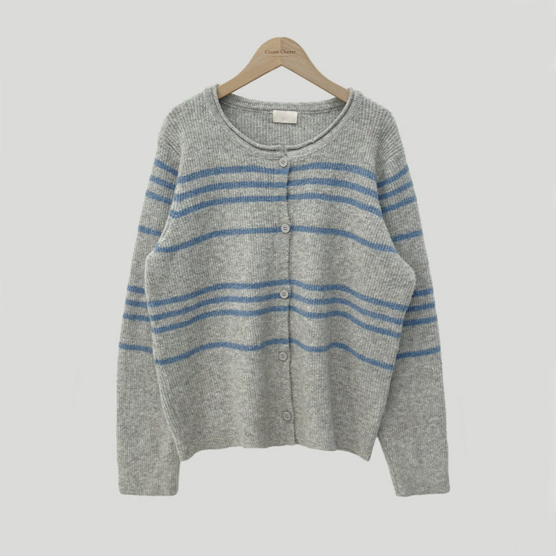 Retro Contrast Color Striped Sweater Coat Knitted Cardigan