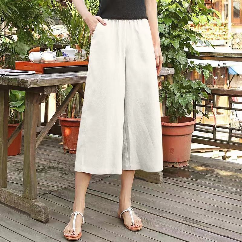 Cotton And Linen Women's Thin Loose Large Waist Elastic Wide Leg Pants
