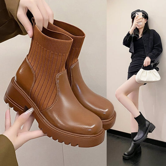 Women's Knitted Patchwork Chunky-sole Square-heeled Booties