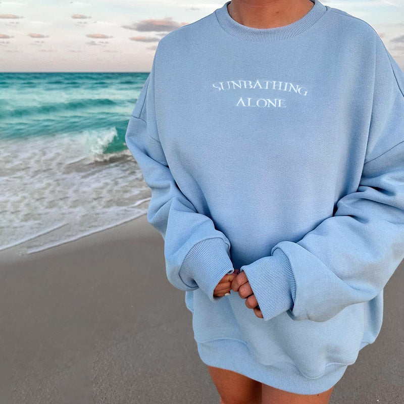 Pure Color All-matching Embroidered Pullover Brushed Loose Sweatshirt