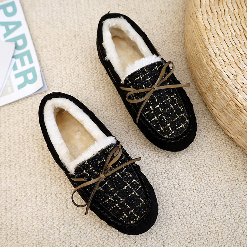 Soft-soled Lambs Wool Shoes Women's Round Toe Warm Large Size Bow