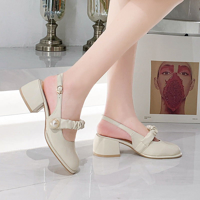 Women's Simple Pearl Chunky Heel Sandals