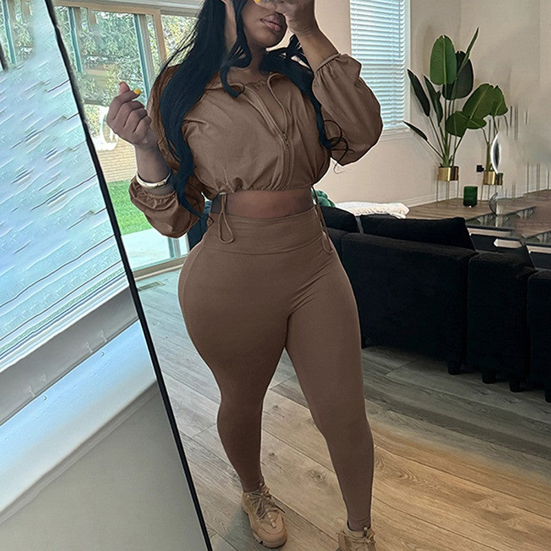Drawstring Waist Zippered Midriff Baring Top Paired With High Waisted Solid Color Slim Fit Pants