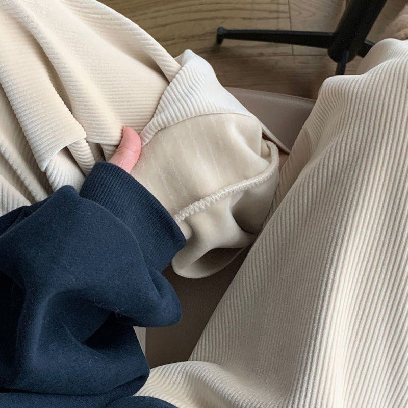 Women's Loose Slimming Straight Casual Long Pants Wide-leg Corduroy Fleece-lined