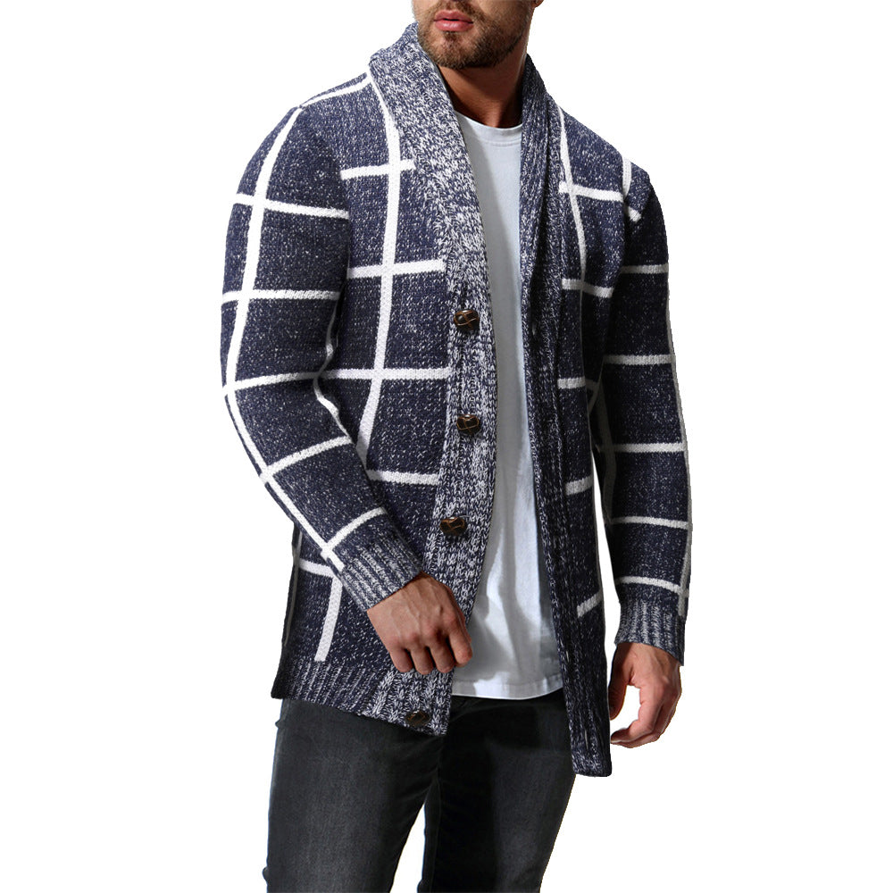 Men's Winter Color Matching Plaid Cardigan Sweater