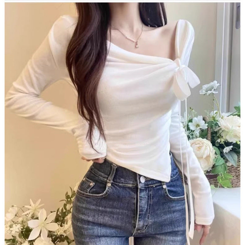 Fashionable Sexy Off-Shoulder Bow-Trimmed Asymmetrical Hem Long-Sleeve Top And Pants Set