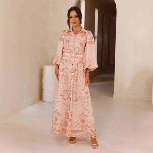 Loose Casual Linen Dress With Puff Sleeves