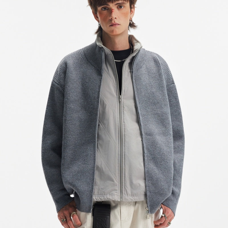 Double Zipper Heavy Stand Collar Cardigan Sweater Winter Solid Color Coat