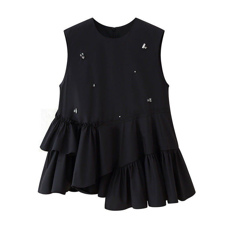 Irregular Design Beaded Ruffled Sleeveless Shirt For Women