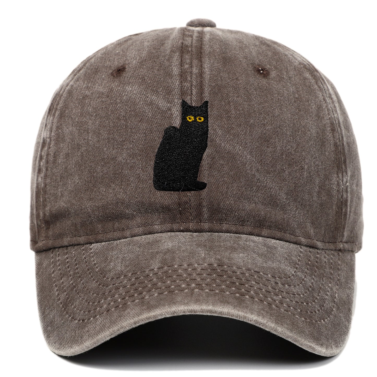 Sitting Black Cat Embroidered Baseball Cap Worn Looking Washed-out