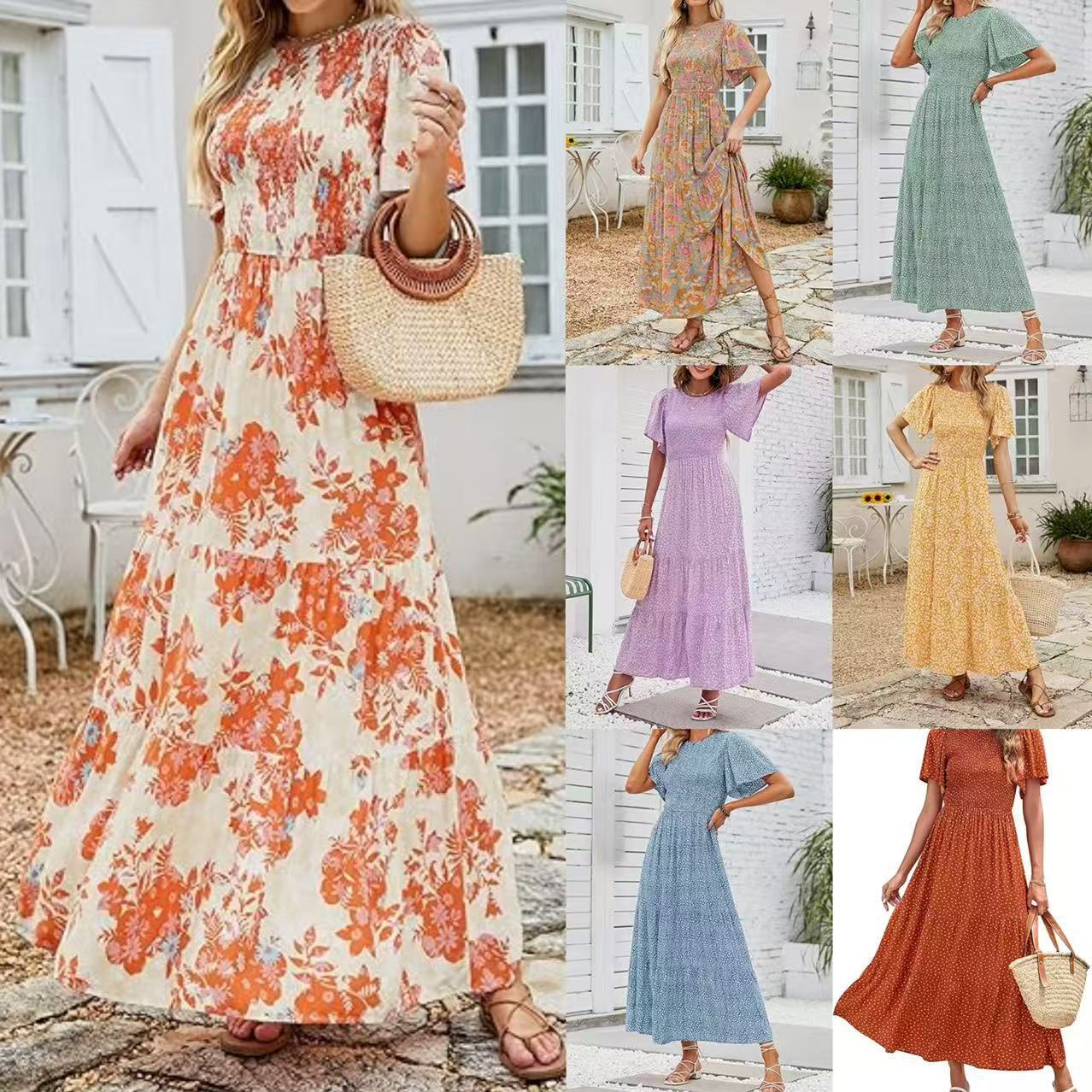 Women's Short-Sleeve Crew-Neck Bohemian Beach Dress