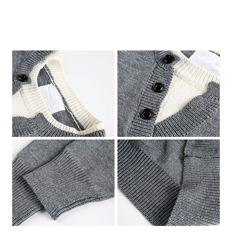 American Retro Color Block Contrast V-neck Sweater