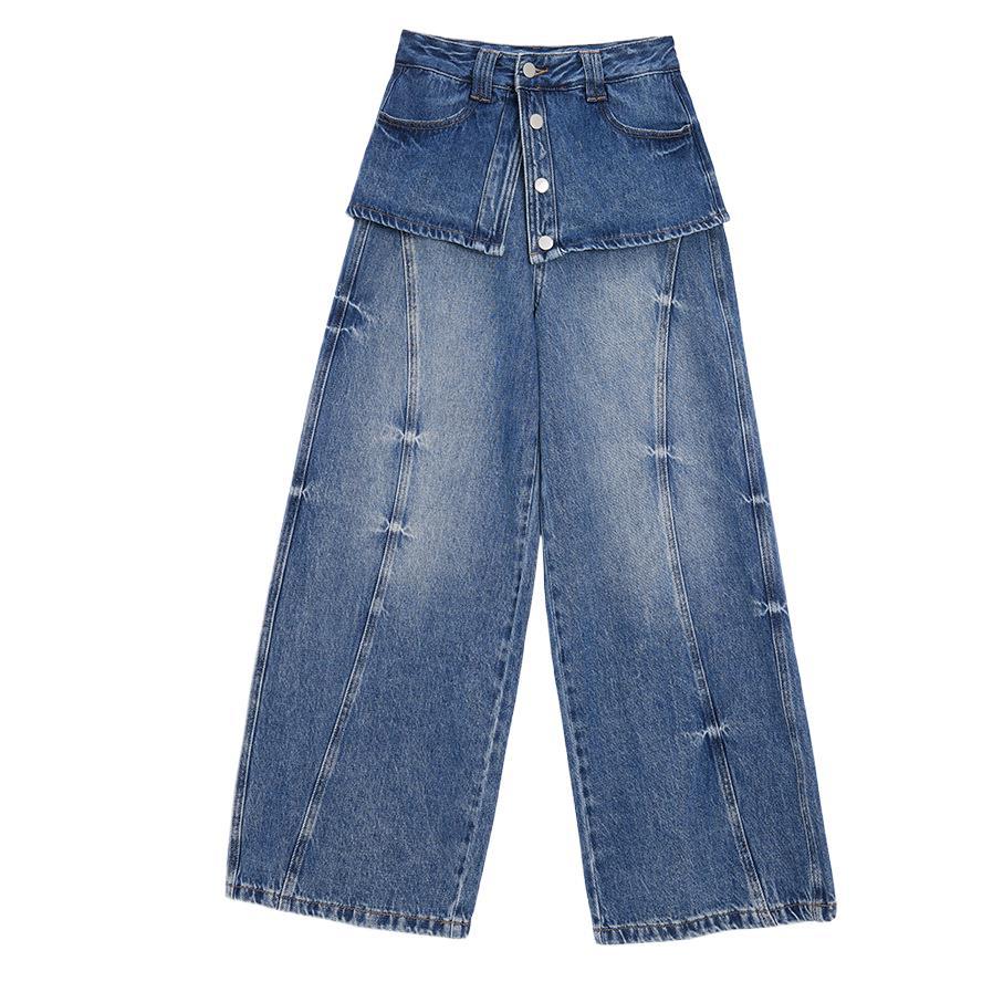 Retro Distressed Faux Two-piece Design Wide-leg Denim Jeans