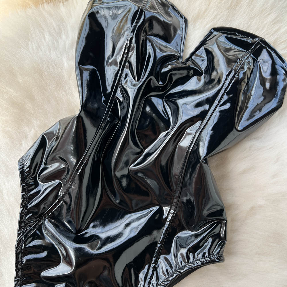 Ny V-hals PU-læder jumpsuit med høj slids til forår og efterår til kvinder