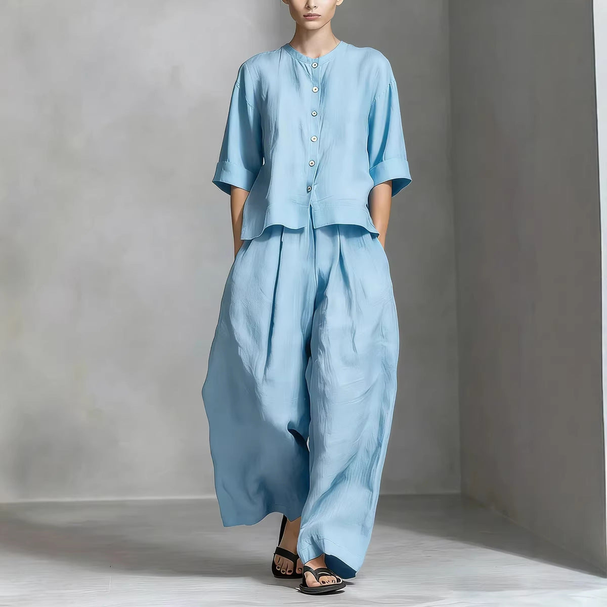 Solid-color Cotton-linen Shirt And Loose-fitting Trousers Two-piece Set