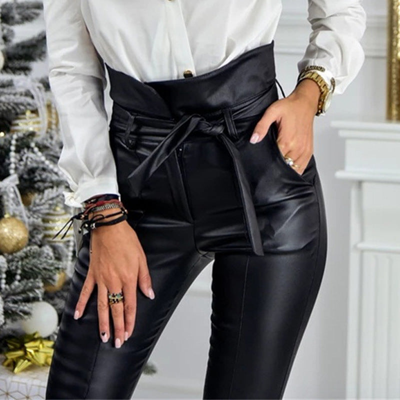 PU bright leather stitching casual tights