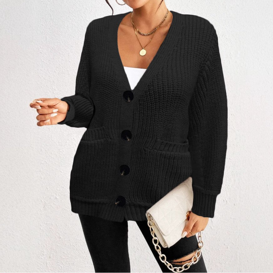 Fashion Loose Pockets Button Women's Cardigan Sweater