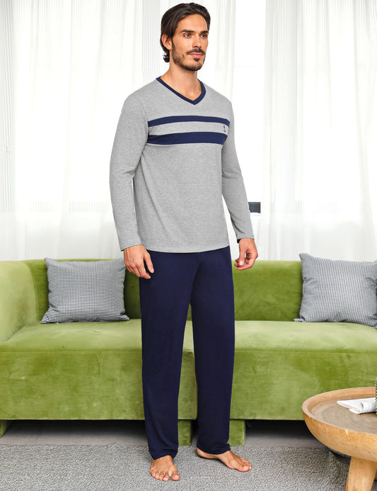 Nieery Pyjamas för Män Vinter Pyjamas Män Bomull Lång V-Krage Pyjamas Män Avslappnad Lättvikt S-XXL
