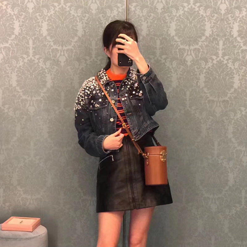 Beaded And Diamond Long-sleeved Loose Denim Jacket