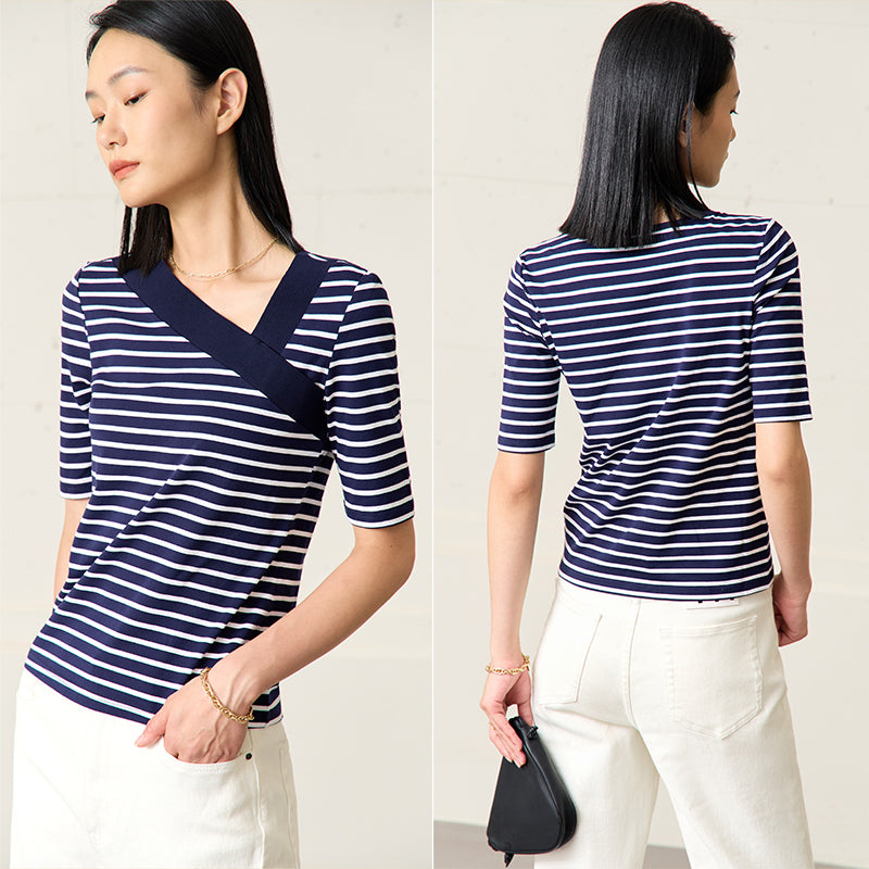 V-neck Fake Diagonal Placket Medium Sleeved T-shirt