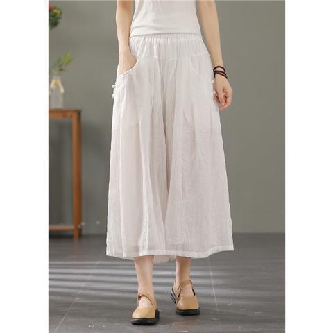 Retro Buckle Casual Thin Cotton And Linen Cropped Wide-leg Pants For Women