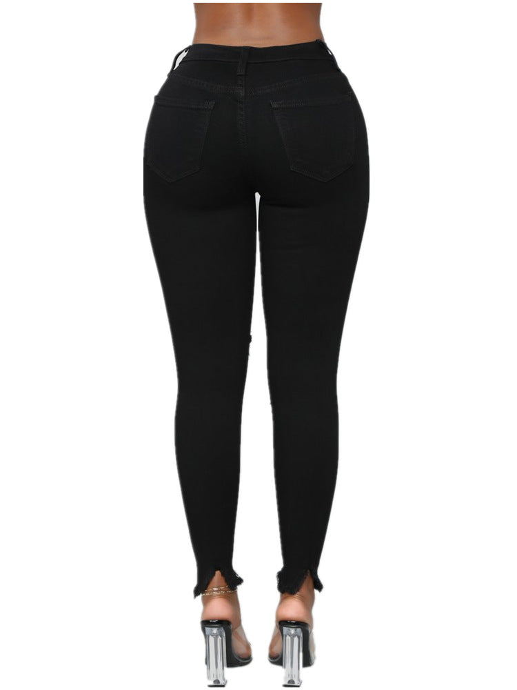 ripped solid denim long pants