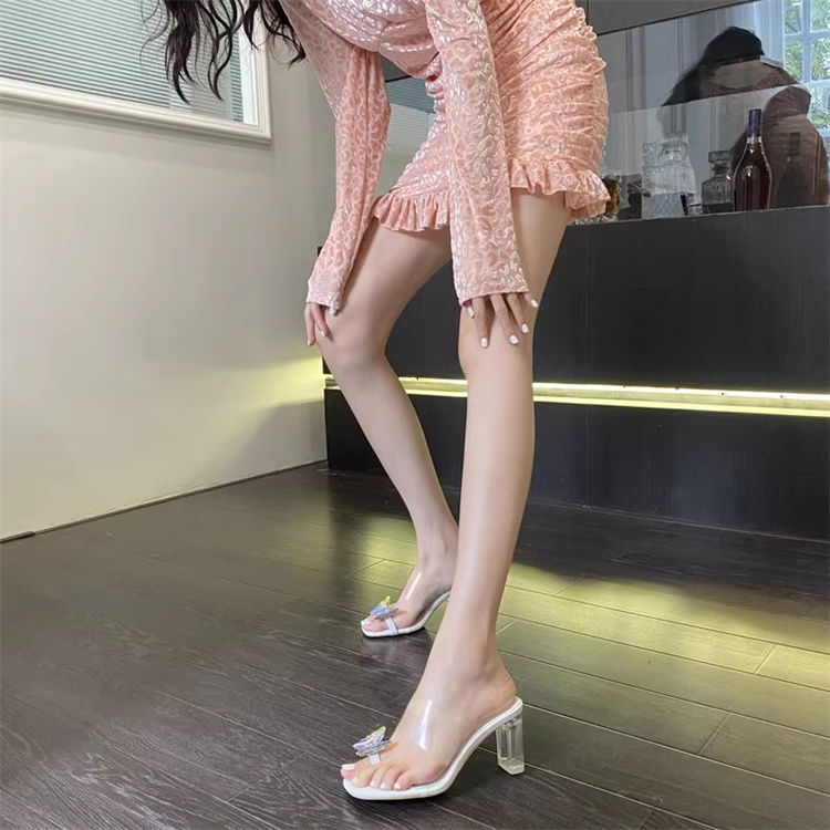 Bow Clip Toe Transparent Thick High Heel Sandals High-grade