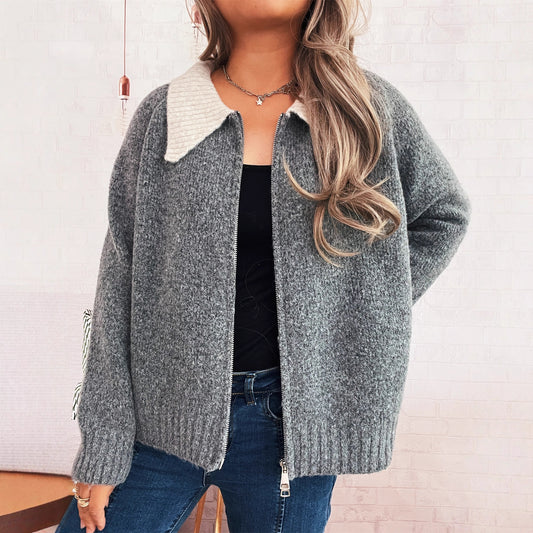 Cute Doll Collar Contrast Color Long Sleeves Zipper Casual Sweater