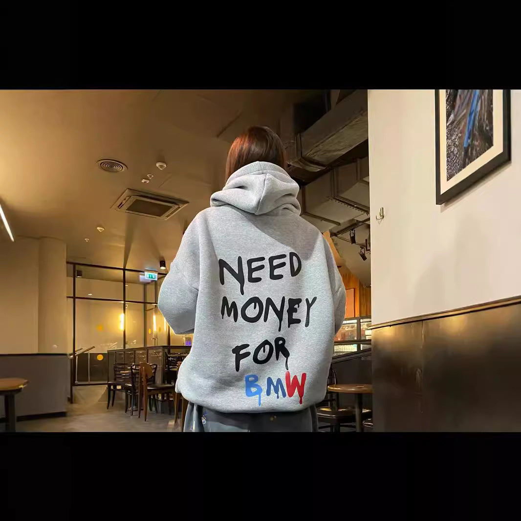 Hooded Sweater Simple Style Design Letter Print Loose All-matching Top