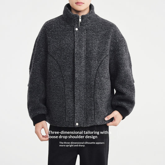 Mens Mixed-Color Wool Circle-Weave Overcoat With A Stand-Up Collar