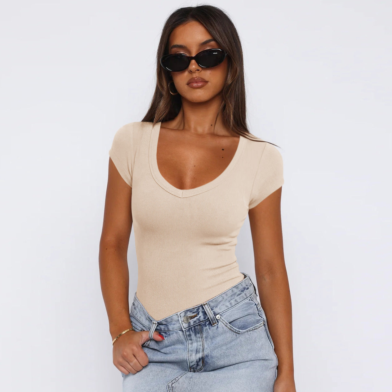 Womens Ribbed Pullover Solid Color Versatile And Stylish Short Sleeves