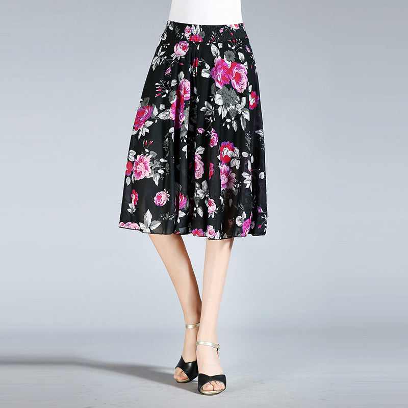 Summer Middle-aged And Elderly Women's Floral Elastic Waist Culottes