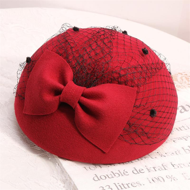 Hat Women's Vintage Woolen Fabric Bowknot