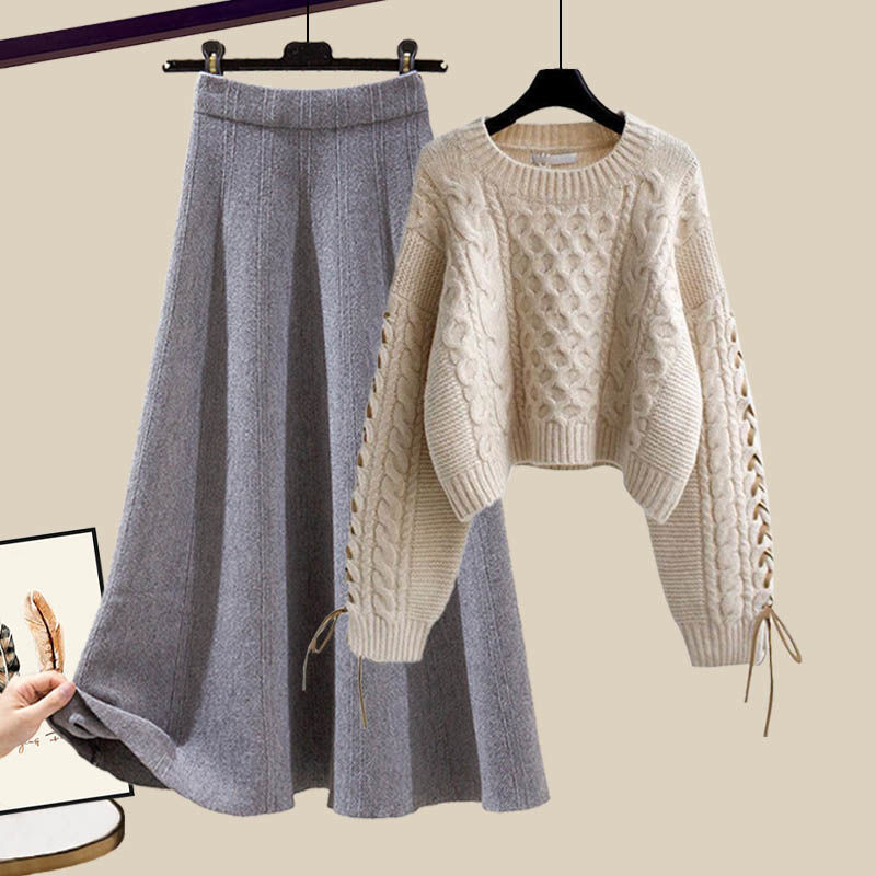 Stylish Figure-flattering Knit Sweater And Skirt Two-piece Set