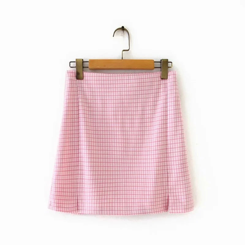 Contrast Color Small Plaid Split A- Line Skirt