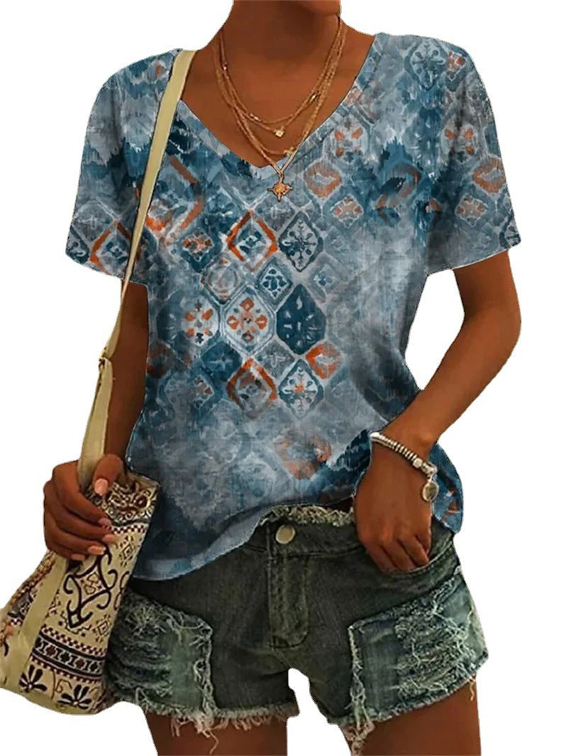 Women's Geometric Pattern Printed Short-sleeved V-neck Casual T-shirt